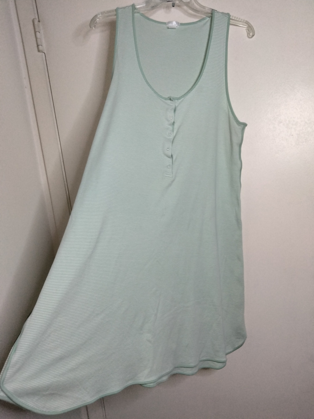 LAKE (Sz M) Green Mint & White Striped Stretch Sleeveless Snap Henley Nightgown
